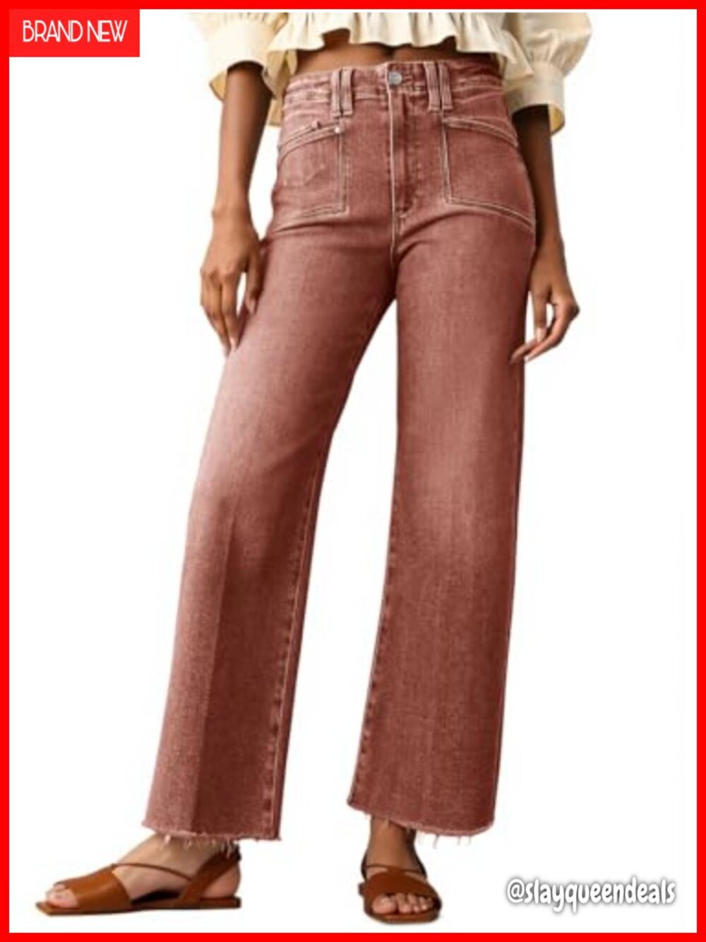 High Waisted Cropped Straight Leg Jeans Raw Hem Denim Pants